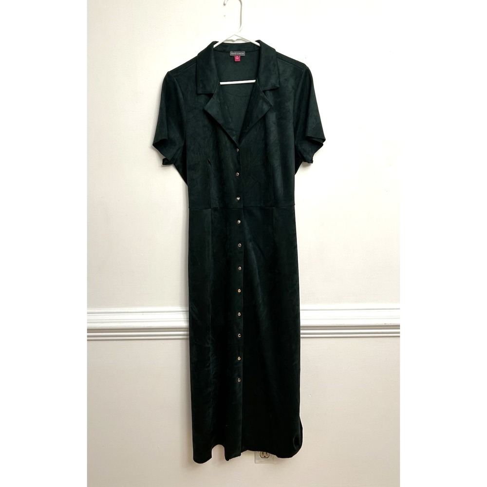 Vince Camuto Midi Shirt Dress Sz XL Forest Green Faux Suede Gold Button Front